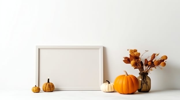 Thanksgiving day or autumn composition with pumpkin, oranges, leaves or chicken. Thanksgiving food concept by AI Generated photo
