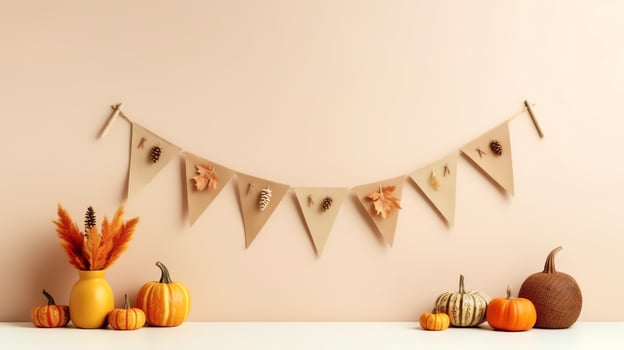 Thanksgiving day or autumn composition with pumpkin, oranges, leaves or chicken. Thanksgiving food concept by AI Generated photo