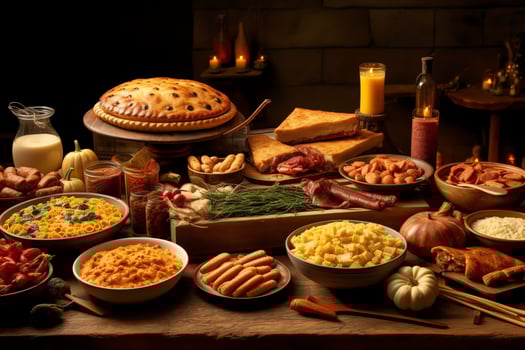 Thanksgiving day or autumn composition with pumpkin, oranges, leaves or chicken. Thanksgiving food concept by AI Generated photo