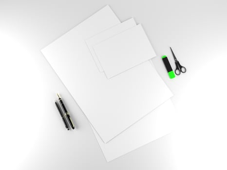 3D render two white paper stationary set for  mockup template with white background side view photo
