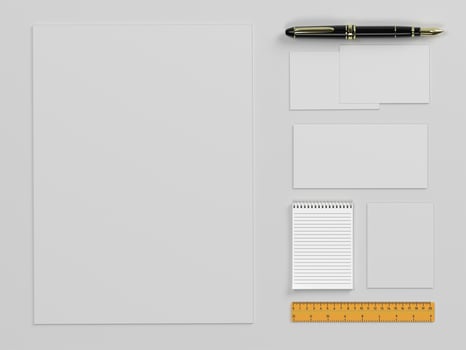 3D render two white paper stationary set for  mockup template with white background side view photo
