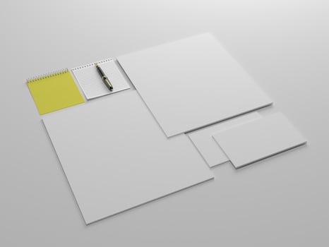 3D render two white paper stationary set for  mockup template with white background side view photo