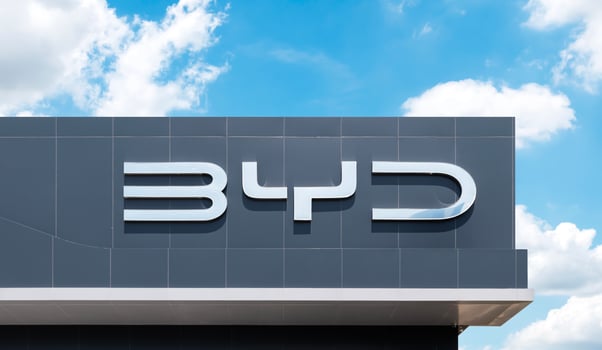 Nonthaburi Thailand 20 August 2023 Logo BYD on buliding with blue sky background photo