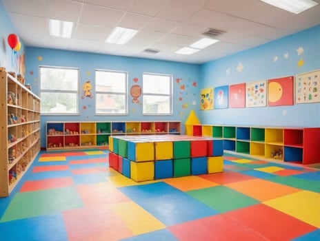 A Brightly Colored ChildrenS Room With Lots Of Shelves. AI Generated photo