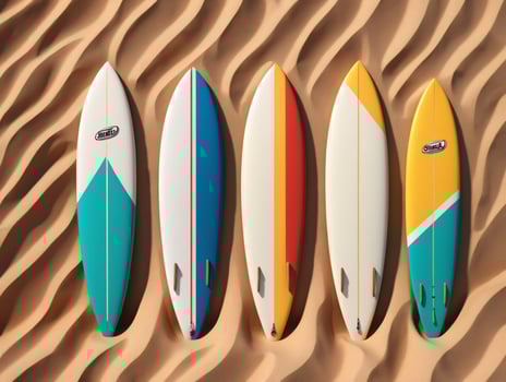 Four Surfboards Lined Up In A Row In The Sand. AI Generated photo