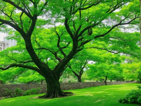 A Large Tree Sitting In The Middle Of A Lush Green Park. AI Generated photo