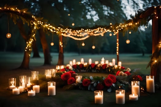 candles and flowers are set up in a circle with string lights. AI-Generated photo