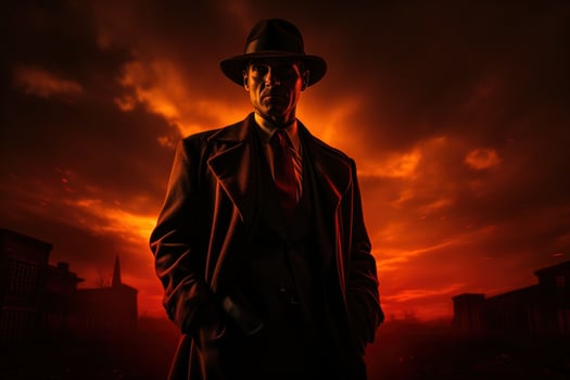 Dark and contrast portrait of a tough detective in a hat and coat on a red sunrise against the background of the city photo