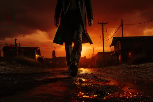 View of the legs of a noir detective leaving the city in the early morning red sunrise photo