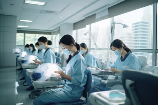 Women nursing assistant are completing an exam in an exam room photo