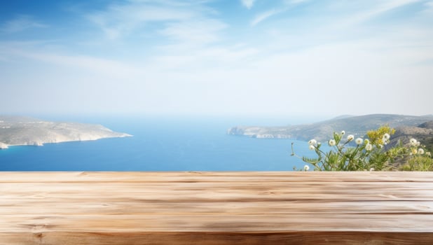 Beautiful scenery of the sea with wooden table on the beach photo
