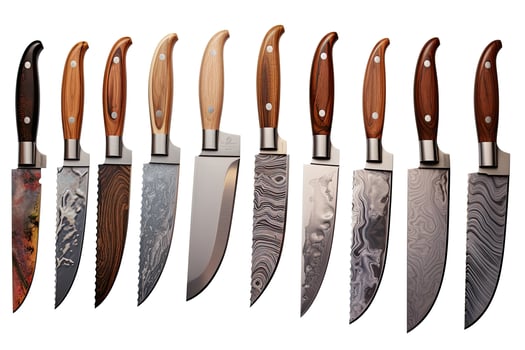 Set of knives isolated on a white background. 3d rendering. Chef Knives in a white background, AI Generated photo