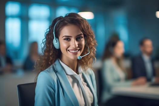 Portrait of a smiling customer service agent, little blur. Created with Generative AI photo