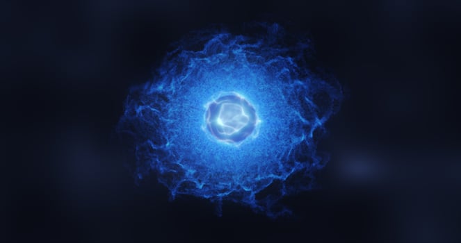 Abstract sphere atom with electrons flying glowing bright particles and energy magic field, science futuristic hi-tech background photo