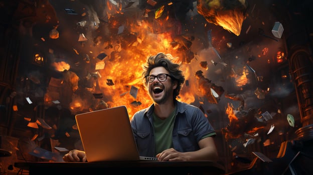 A man in headphones plays online games on a laptop computer. The concept of computer games, streaming and remote work photo
