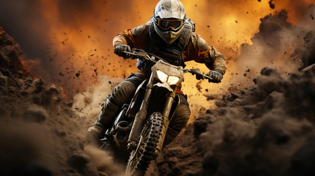 A motorcyclist on a motorcycle quickly rides through the dirt and dust on the track during a motocross competition photo