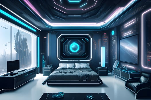 Futuristic High Tech Luxury Cyberpunk Sci Fi Living Room Modern Interior Bedroom, AI Generative photo