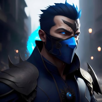 Man With Glowing Blue Eyes Wearing A Blue Mask. Generative AI photo