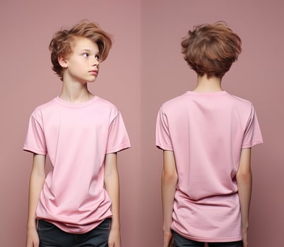 Front and back views of a little boy wearing a pink T-shirt. ai generated photo