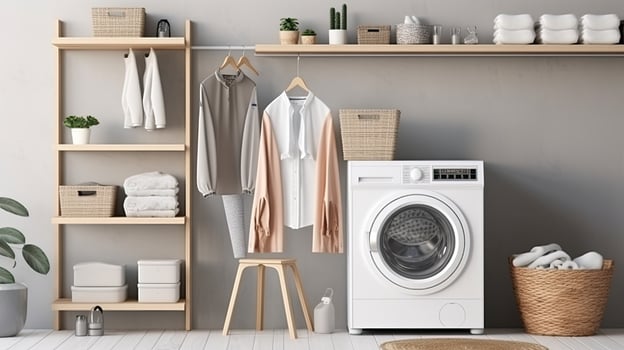 Interior of modern laundry room with washing machine, basket and towels. Generative AI photo