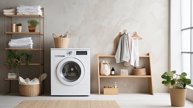 Interior of modern laundry room with washing machine, basket and towels. Generative AI photo