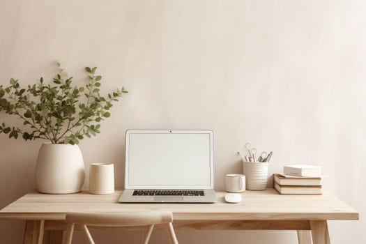 Home office desk in a neutral color palette. A vase, laptop, a stack of journals. Simple composition. Generative AI photo