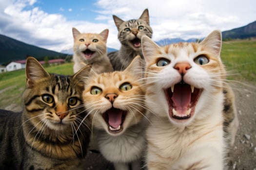 A group of cats taking a selfie on a blurred background. Generative AI photo