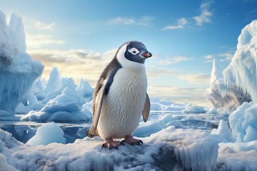 Adorable penguin amidst polar ice, framed by majestic icebergs, pure serenity AI Generated photo