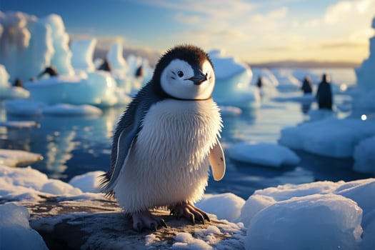 Adorable penguin amidst polar ice, framed by majestic icebergs, pure serenity AI Generated photo
