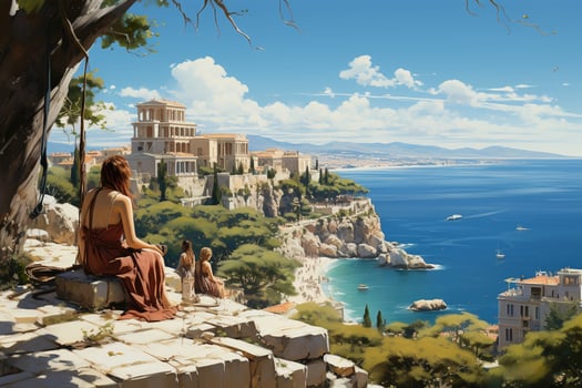 In greece sappho is dreaming in people with a columns square in athens structure architecture a big city sea view. AI generative photo