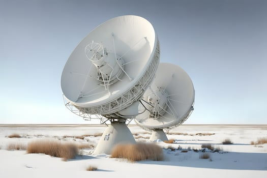 Group of radio telescope satellite dishes. VLA Very Large Array in sandy area. Neural network generated art photo
