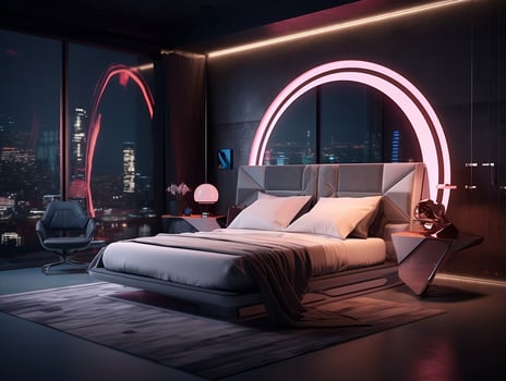 Interior of a futuristic luxury bedroom with bed, neon lighting, abstract painting on the wall, and impressive ceiling design - AI Generative photo