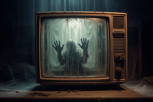 an old television covered in cobwebs, inside the screen of which an scary shadow raises its hands. Halloween horror concept photo
