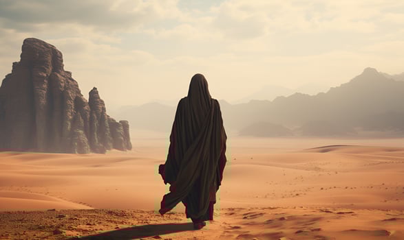 woman in black abaya walking in arid desert, ai generative photo