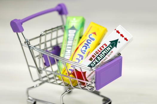 KHARKOV, UKRAINE - FEBRUARY 14, 2021 Wrigleys Spearmint Doublemint and Juicy Fruit chewing gum in classic design photo