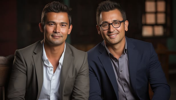 Portrait of two businessmen in suits smiling and looking at camera while sitting in cafe. AI Generated. photo