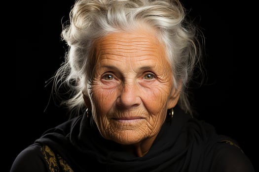 Ai generated studio portrait of trendy old elderly woman on different colour background in glasses and headphones photo
