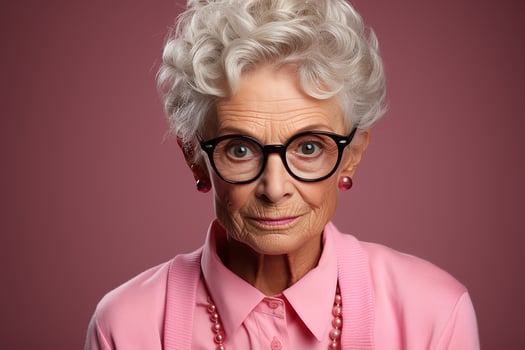 Ai generated studio portrait of trendy old elderly woman on different colour background in glasses and headphones photo