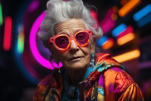 Ai generated studio portrait of trendy old elderly woman on different colour background in glasses and headphones photo