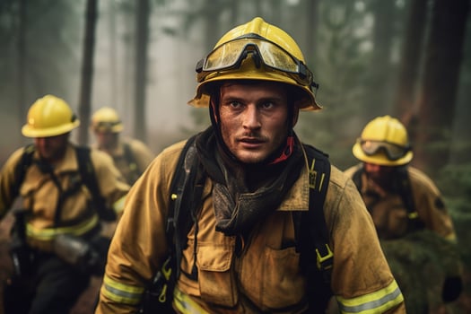 Firefighters battling fire in forest. Natural disaster accident AI Generative photo