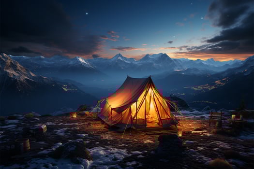 Mountainside tent aglow in the tranquil evening or early morning AI Generated photo