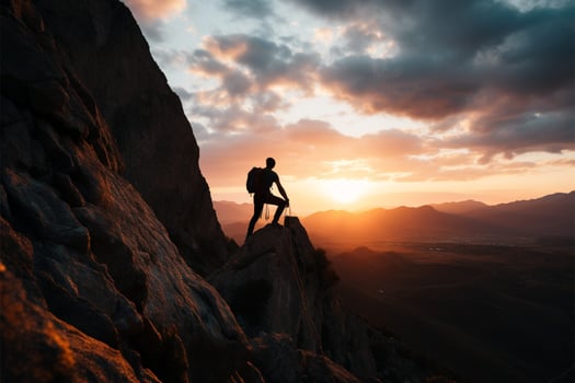 A man in his 30s conquers a mountain peak at sunset AI Generated photo