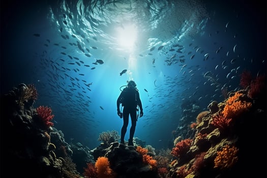 An underwater illustration reveals a diver exploring vibrant coral reefs AI Generated photo