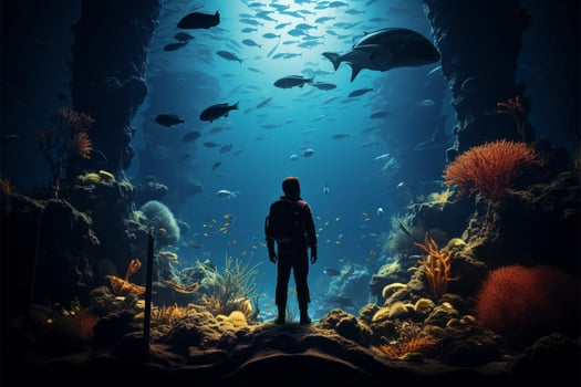 Aquariums aquatic world captivates a man in tranquil fascination AI Generated photo