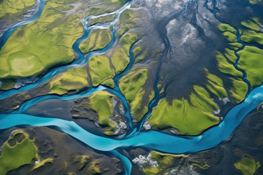Aerial view of a river in Iceland, seen from a helicopter. Aerial view from above on a green and blue glacier river stream in South Iceland, AI Generated photo