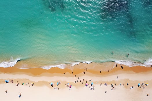 Aerial view of people on the beach with turquoise water, Aerial view of sandy beach with tourists swimming in beautiful clear sea water, AI Generated photo