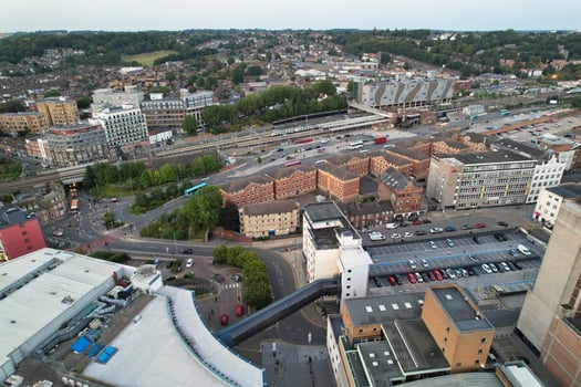 Aerial View of Illuminated Downtown Buildings, Roads and Central Luton City of England UK at Beginning of Clear Weather Night of September 5th, 2023 photo