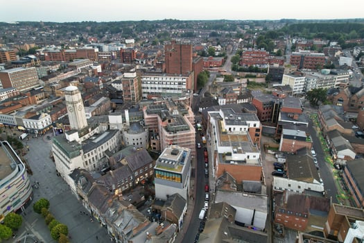 Aerial View of Illuminated Downtown Buildings, Roads and Central Luton City of England UK at Beginning of Clear Weather Night of September 5th, 2023 photo