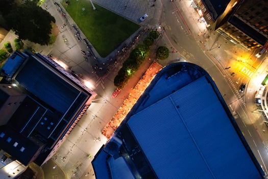 Aerial View of Illuminated Downtown Buildings, Roads and Central Luton City of England UK at Beginning of Clear Weather Night of September 5th, 2023 photo