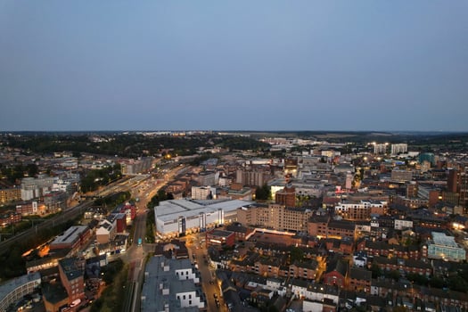 Aerial View of Illuminated Downtown Buildings, Roads and Central Luton City of England UK at Beginning of Clear Weather Night of September 5th, 2023 photo